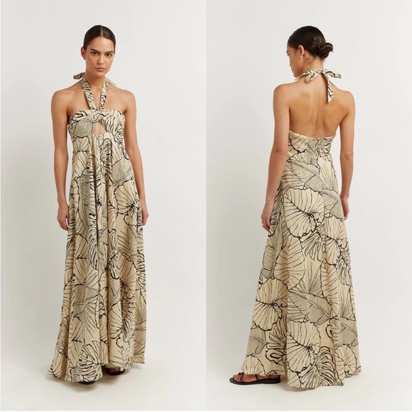 DISSH (EUC) | Malta Halter Linen Knot Dress Palm Leaf Maxi Dress - Picture 5 of 11